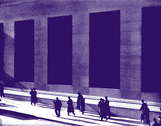 Paul Strand's 1915 photograph of Wall Street: tiny figures walk past the enormous dark windows of a bank, dithered to two colors.